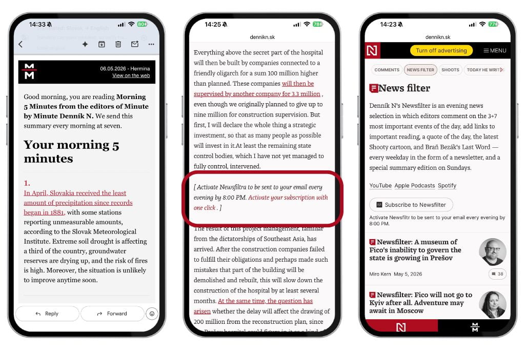 The Five Morning Minutes newsletter, the newsletter signup, and the Newsfilter newsletter archive.